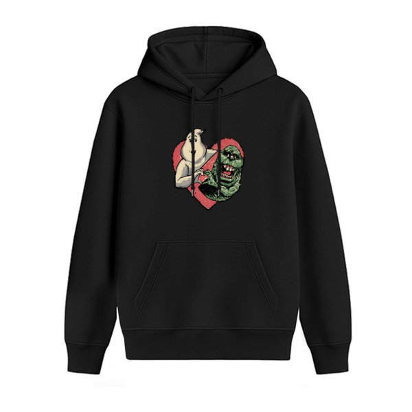 Black hoodie with Ghostbusters ghost and slimer heart graphic