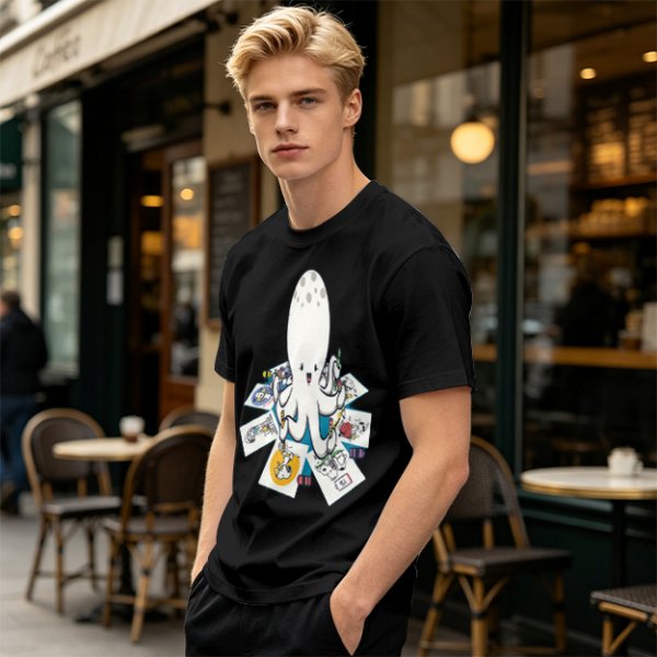 Olive T-Shirt With Cute Octopus Drawing Artwork Print