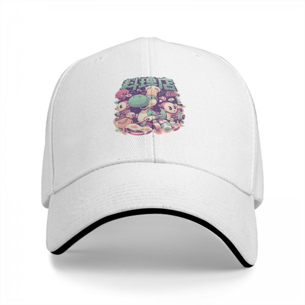 Black baseball cap with cute dinosaur chef and anime character graphic