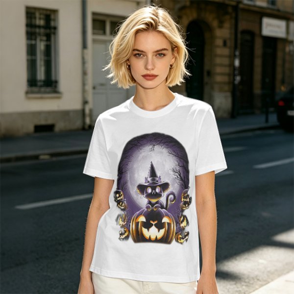 Halloween Black Cat Witch Jack-o'-lantern Graphic T-Shirt
