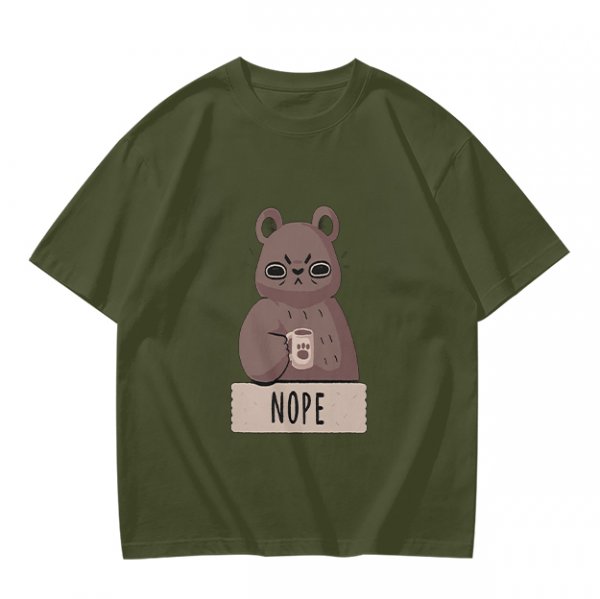 Olive T-Shirt With Grumpy Bear Holding Coffee Mug And 'NOPE' Print