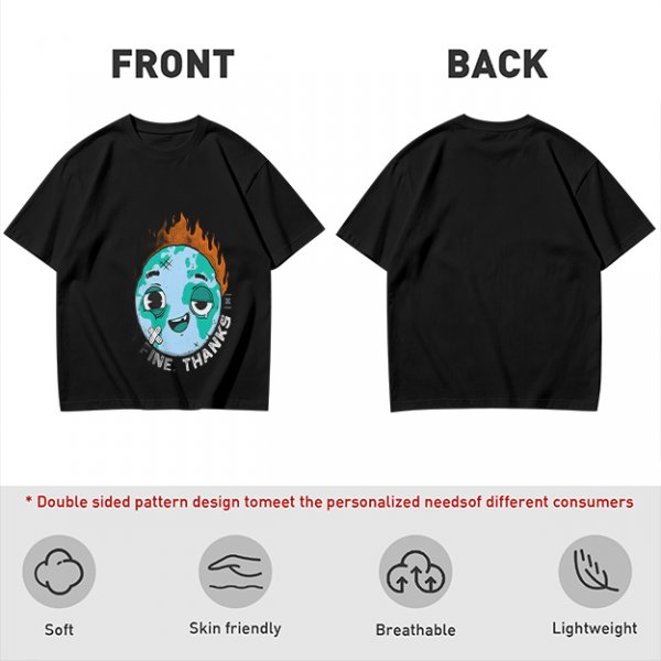 Olive T-shirt with Worn Burning Earth Graphic and 'Fine Thanks' Text