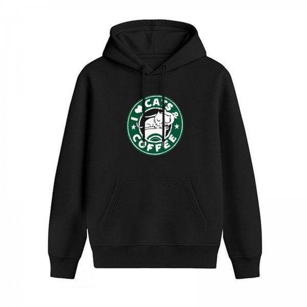 Black Hoodie With I Love Cats And Coffee Cat In Cup Graphic