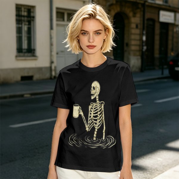 Olive Skeleton Holding Coffee Mug In Water Graphic T-Shirt