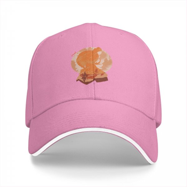 Black Baseball Cap with Orange Anime Character Silhouette Print