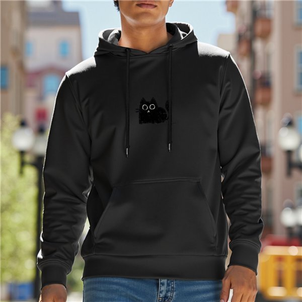 Black Hoodie With Cute Surprised Black Cat Graphic Print