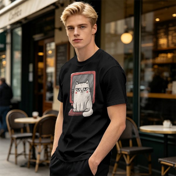 Olive T-shirt with Grumpy Cat on Retro Computer Print