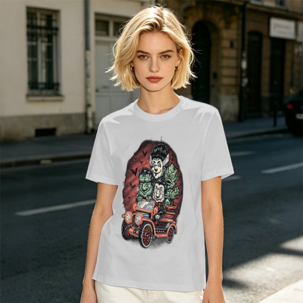 Halloween Monster Characters Driving Vintage Car Graphic T-Shirt