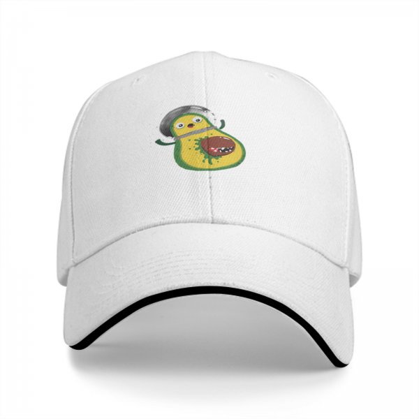 Black baseball cap with cartoon astronaut avocado print