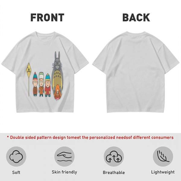 Olive T-shirt with cartoon characters print featuring Totoro and small figures
