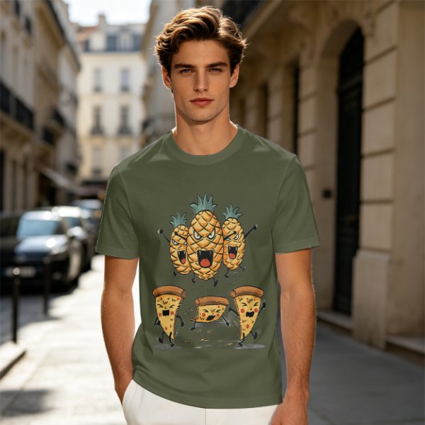 Olive T-Shirt With Angry Pineapple And Pizza Slice Cartoon Print