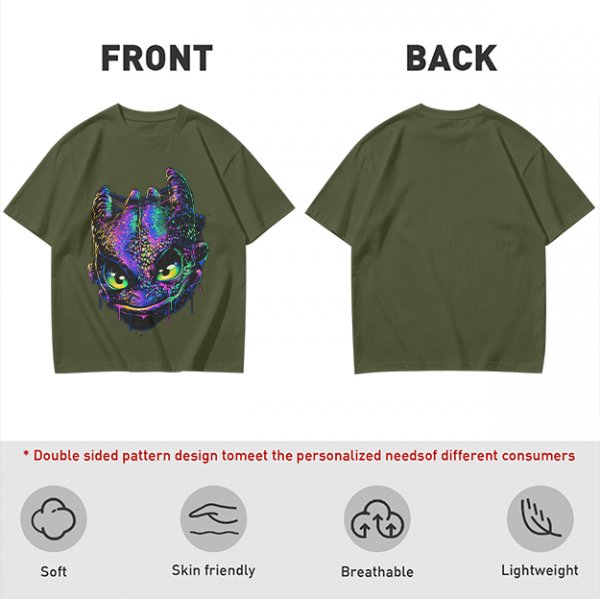 Olive T-Shirt With Neon Toothless Dragon Head Art Print