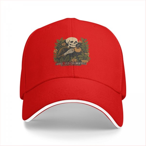 Black baseball cap with skeleton holding coffee and plants design