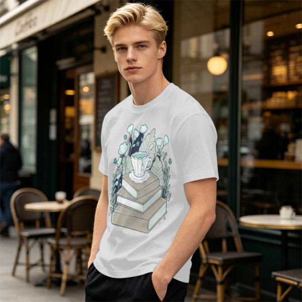 Olive T-Shirt With Stacked Books Teacup Floral Print
