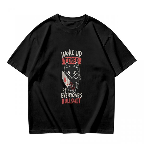 Olive Graphic T-Shirt With Tired Cat Holding Knife Slogan