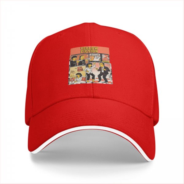 Black baseball cap with Yellow Fiction Simpson-style dance graphic