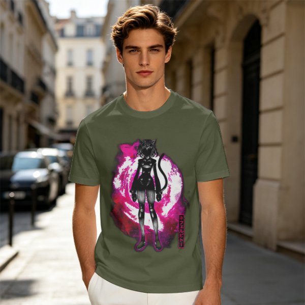 Olive anime cat character graphic t-shirt with pink abstract background