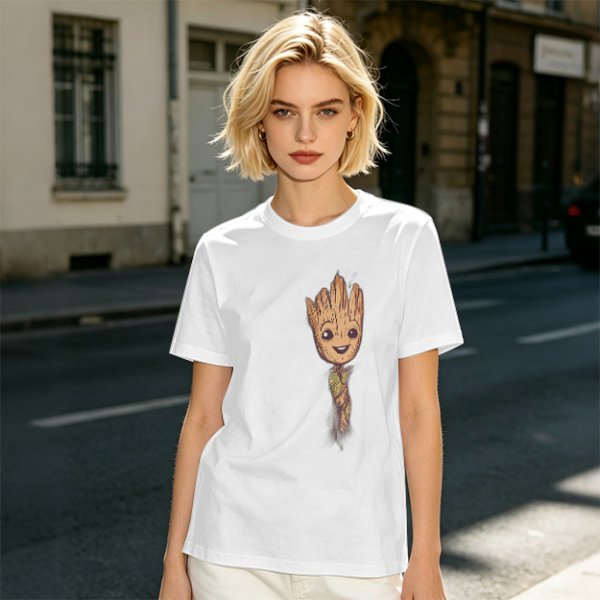 Olive Green T-Shirt with Smiling Baby Groot Graphic