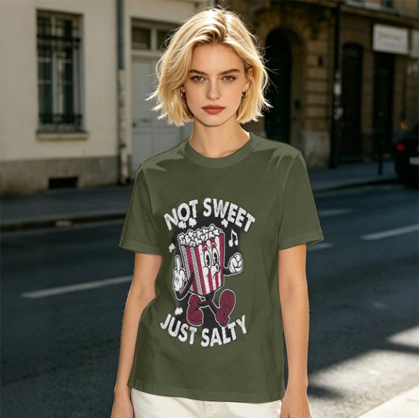 Olive T-Shirt with 'Not Sweet Just Salty' Cartoon Popcorn Print
