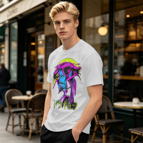 Olive t-shirt with neon vampire Dracula graphic and Japanese text