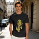 Olive T-shirt with a grumpy cartoon dinosaur holding a coffee mug