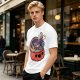Halloween pumpkin ramen bowl with cute monster graphic t-shirt