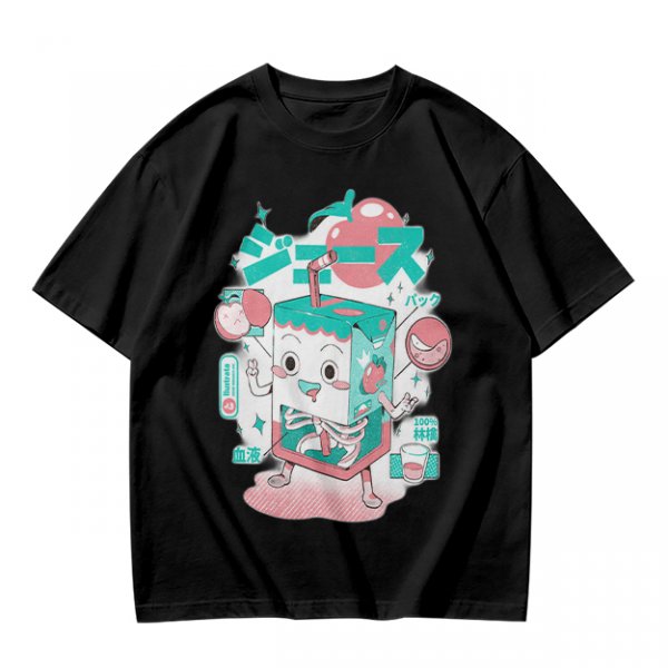 Olive t-shirt with a cartoon apple juice box skeleton graphic