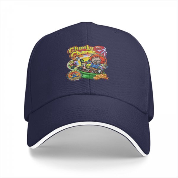 Black baseball cap with Chucky Charms horror cereal graphic