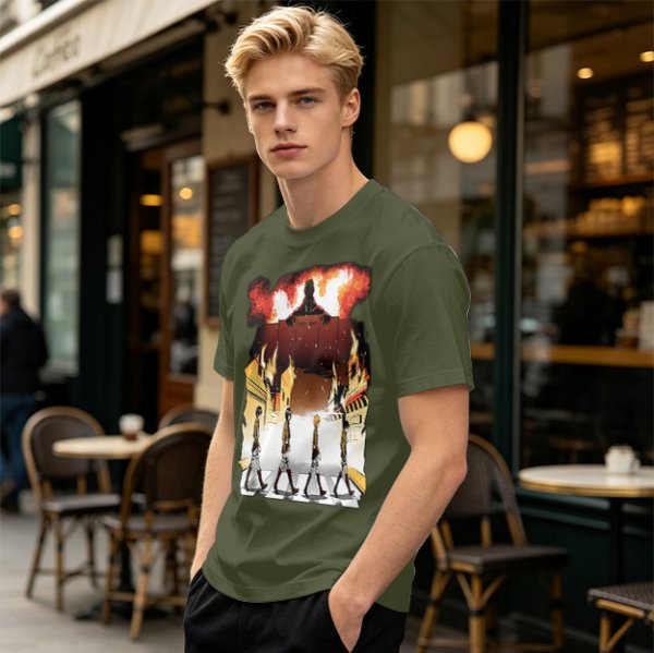 Olive T-Shirt With Anime Characters Crossing Burning Street Print