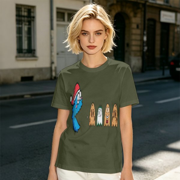 Olive T-Shirt With Blue Monster And Ghost Graphic Print