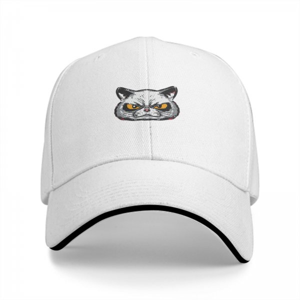Black Baseball Cap With Grumpy Angry Cat Face Graphic