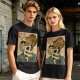 Olive t-shirt with a skull ramen bowl and a napping tabby cat print