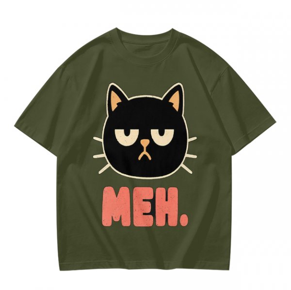 Olive T-Shirt With Grumpy Black Cat Meh Graphic Print