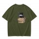 Olive Green T-Shirt With Ninja Cat In Cardboard Box Graphic