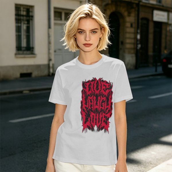 Olive green graphic t-shirt with dark metal style Live Laugh Love print