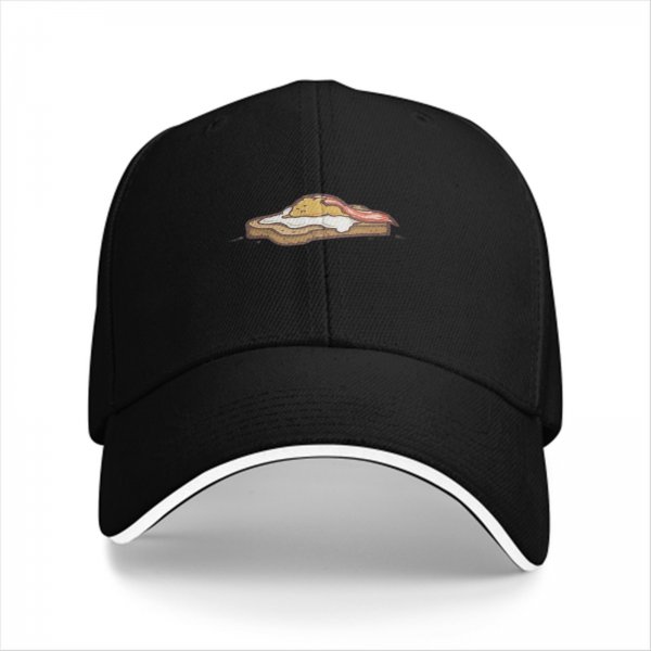 Black Baseball Cap with Toast Egg and Bacon Breakfast Print
