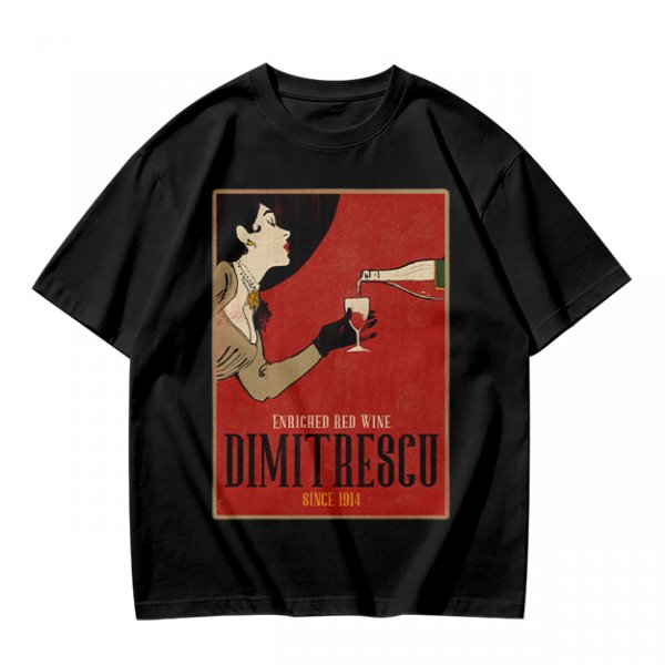 Olive t-shirt with vintage Dimitrescu red wine graphic print