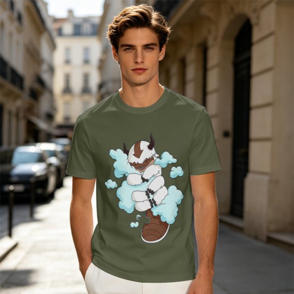 Olive Green T-Shirt With Sleeping Sky Bison On Clouds Print