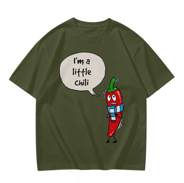 Olive green t-shirt with funny 'I'm a little chili' cartoon chili print