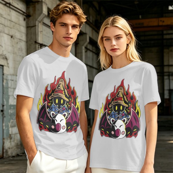 Olive T-shirt with Final Fantasy Vivi and Moogle Fire Artwork