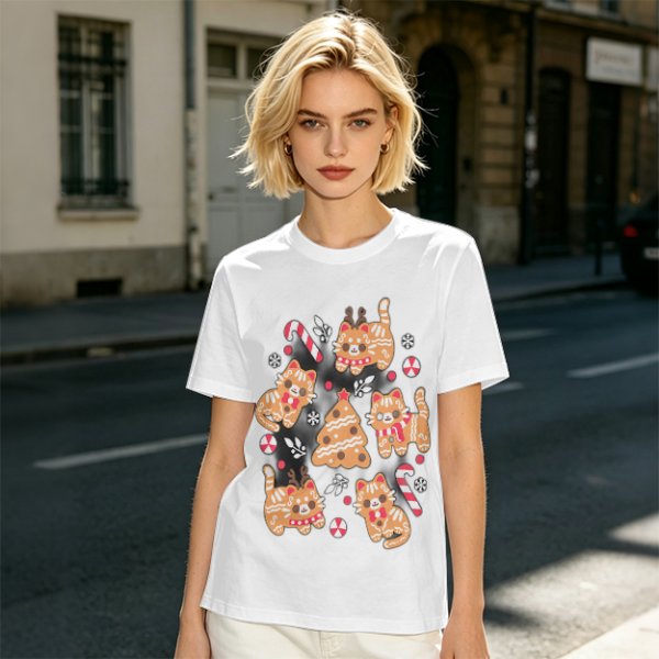 Olive Green Christmas Cat Gingerbread Graphic T-Shirt