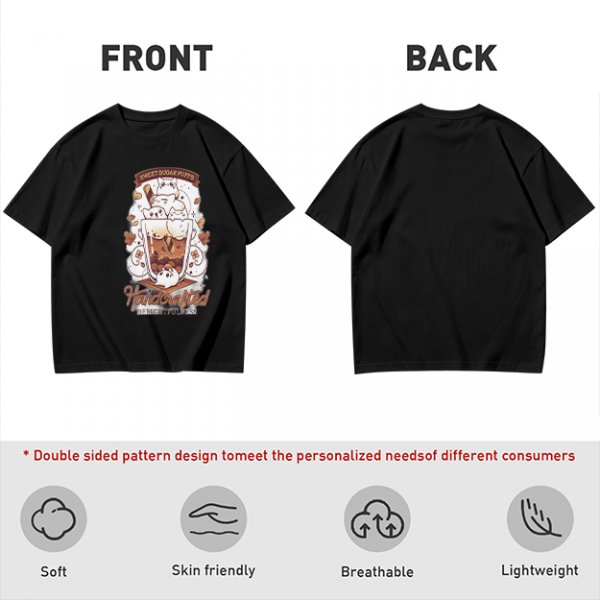 Olive t-shirt with cute cat bubble tea graphic print