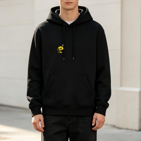 Black hoodie with retro pixel Pac-Man graphic design