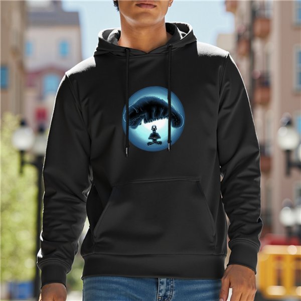 Black hoodie with glowing blue circle print featuring skeleton and large creature