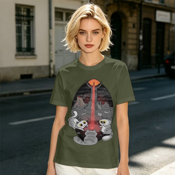 Olive T-shirt with Cat Sauron Tower Fantasy Art Print