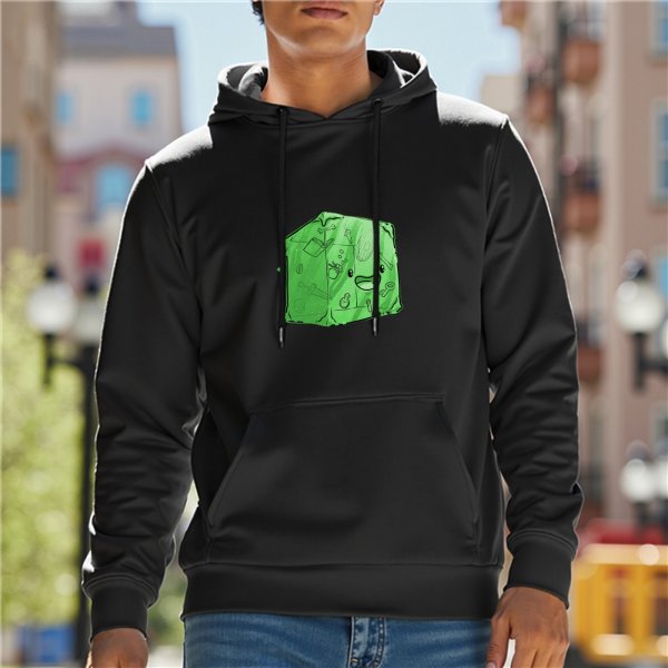 Black hoodie with cute green cube slime graphic