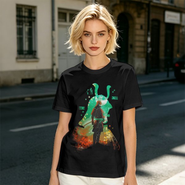 Olive T-shirt with Samurai Warrior and Helmet Art Print