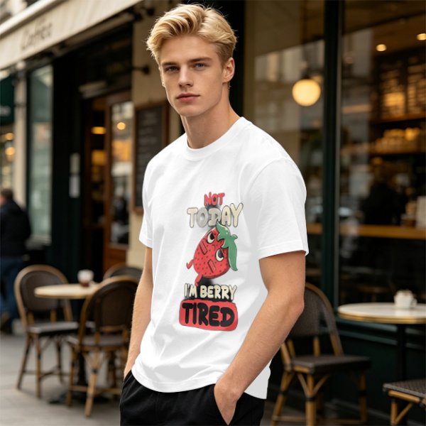 Olive T-Shirt with 'Not Today I'm Berry Tired' Strawberry Print