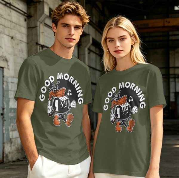 Olive t-shirt with retro coffee pot cartoon and Good Morning text