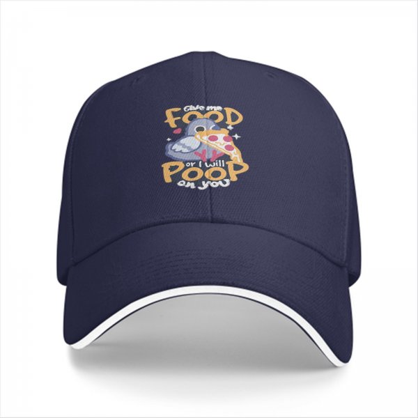 Black baseball cap with funny pigeon pizza 'give me food or i will poop on you' print